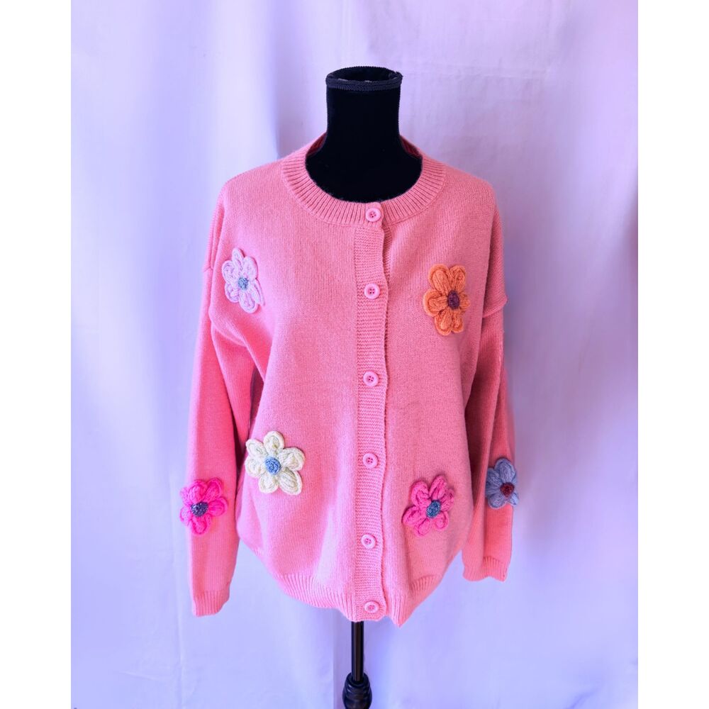 Women's XL Pink Crochet Flower Cardigan Sweater - Picture 2 of 6